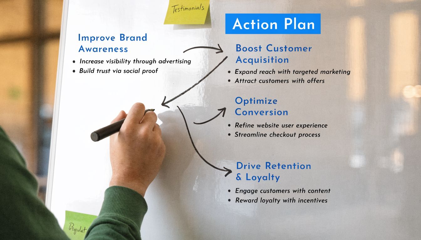 A person writing an action plan for marketing strategy on a white board with arrows connecting goals.