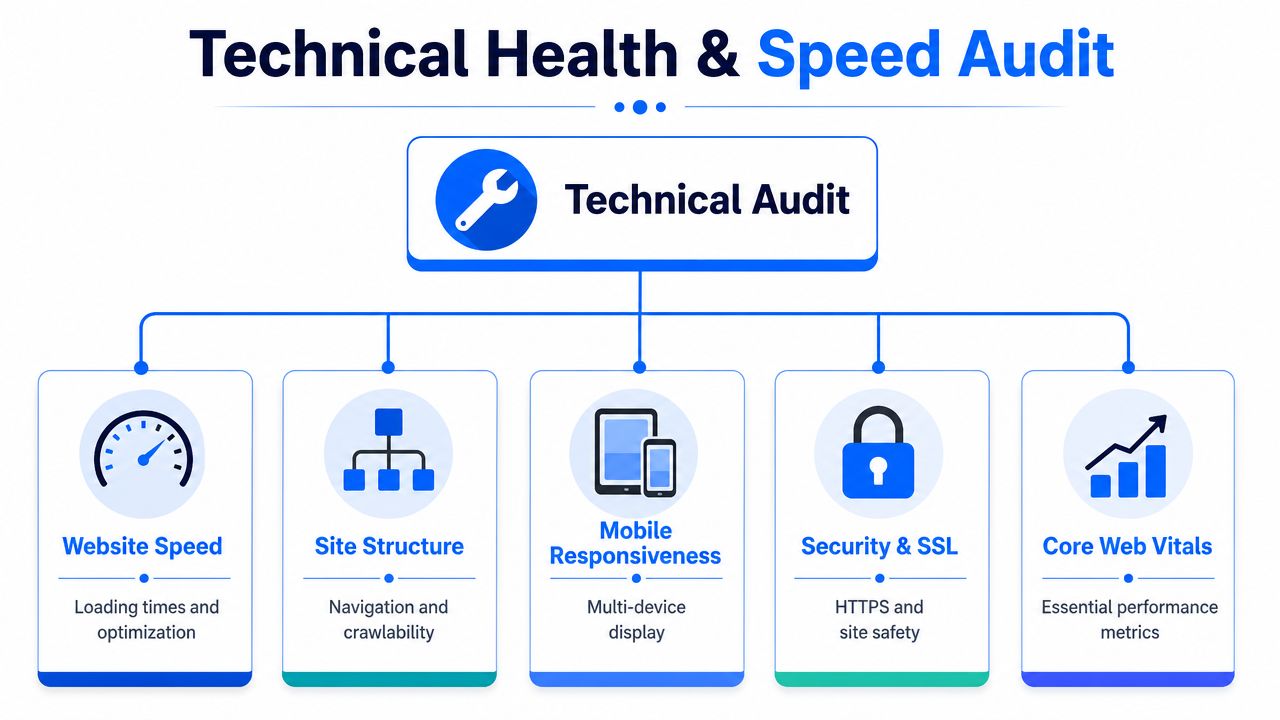 A flowchart infographic titled Technical Health and Speed Audit outlining five key components of website maintenance.