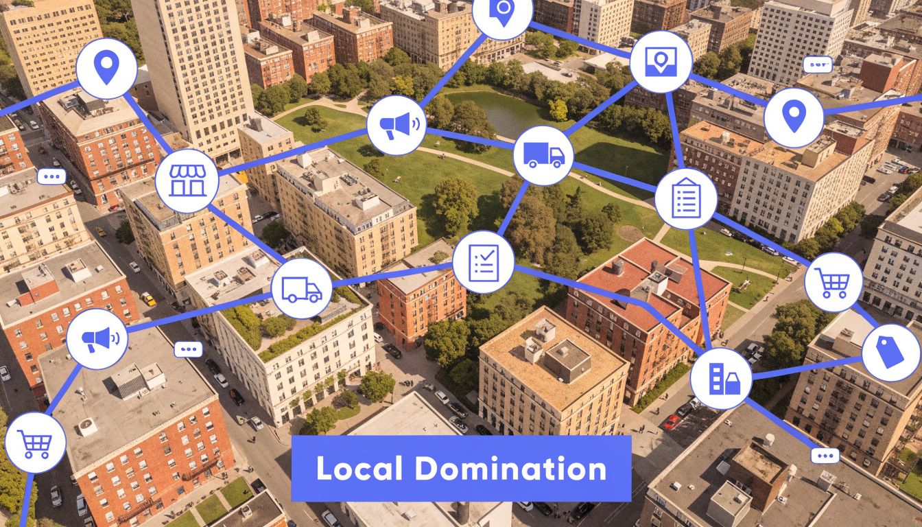 An aerial view of a city neighborhood with connected digital icons representing local business marketing and connectivity.