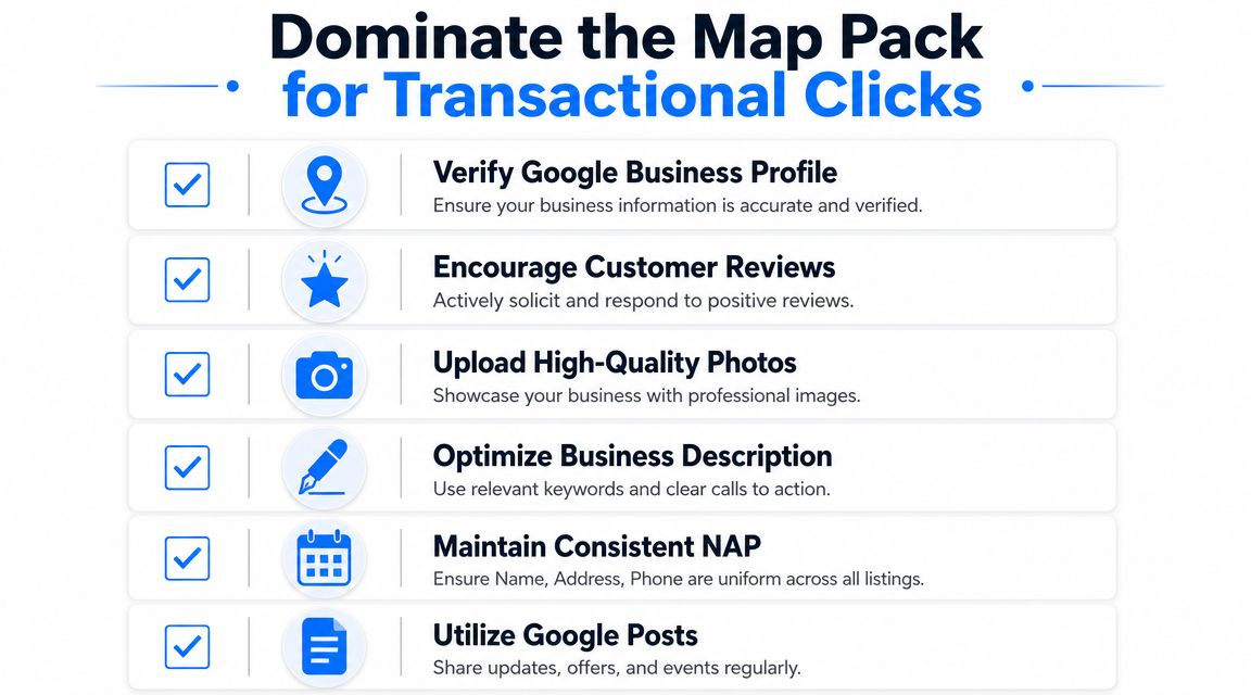 A checklist infographic illustrating six essential steps to improve Google Maps business visibility and click-through rates.