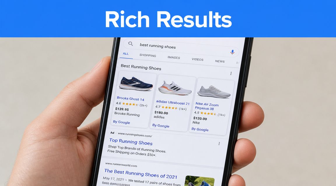 A hand holding a smartphone showing Google search results for best running shoes with rich snippets.