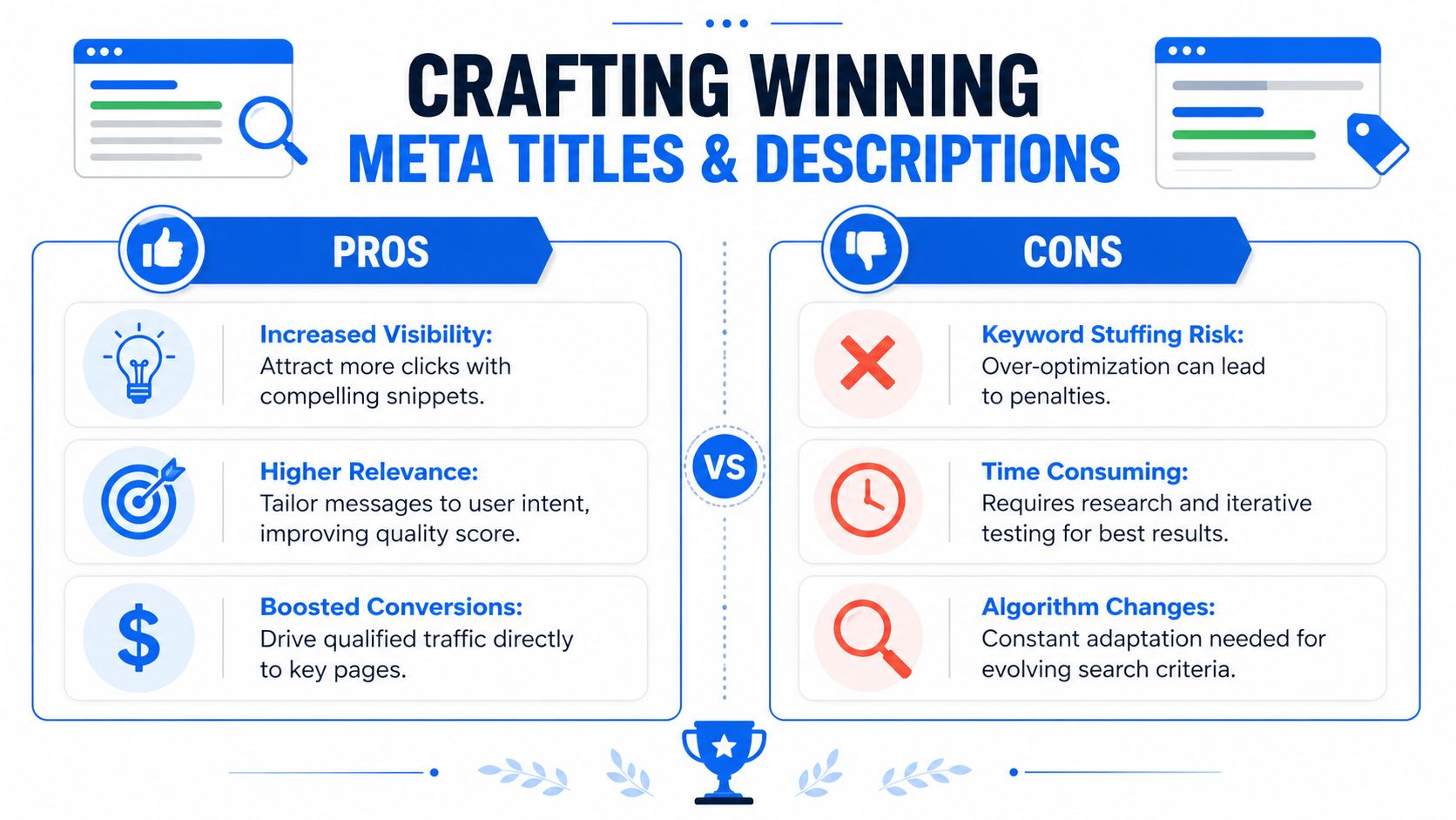 An infographic comparing the pros and cons of crafting effective website meta titles and descriptions.