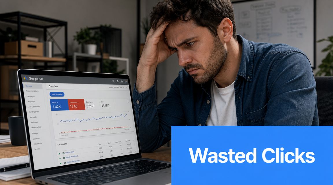 A frustrated man looking at a Google Ads campaign performance dashboard on his laptop screen.
