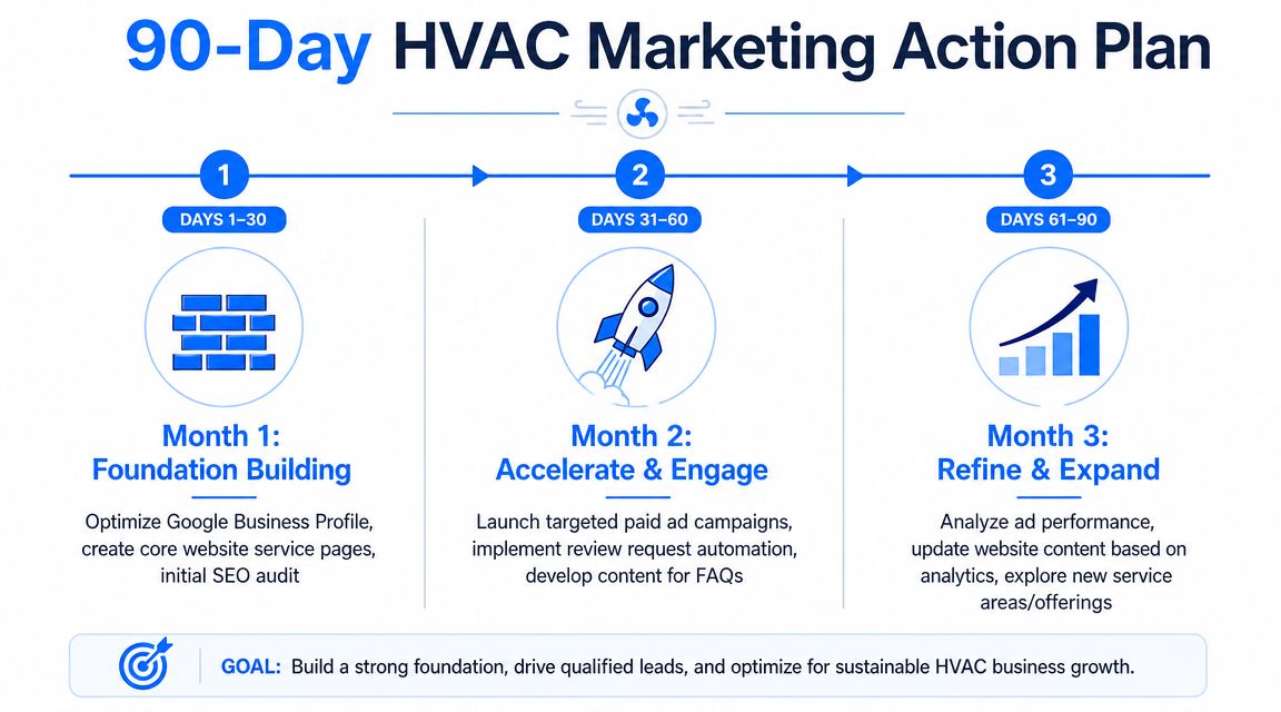 A 90-day HVAC marketing action plan infographic outlining foundation building, acceleration, and refinement strategies for business growth.