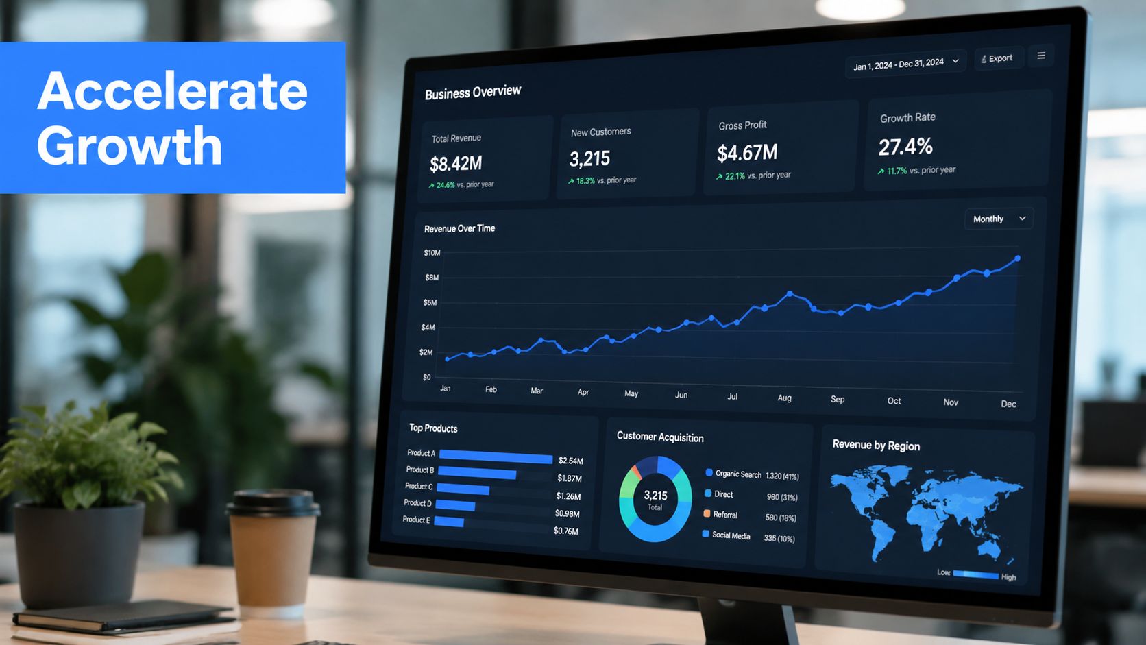 A computer monitor displaying a comprehensive business analytics dashboard showing revenue, customer growth, and regional data.
