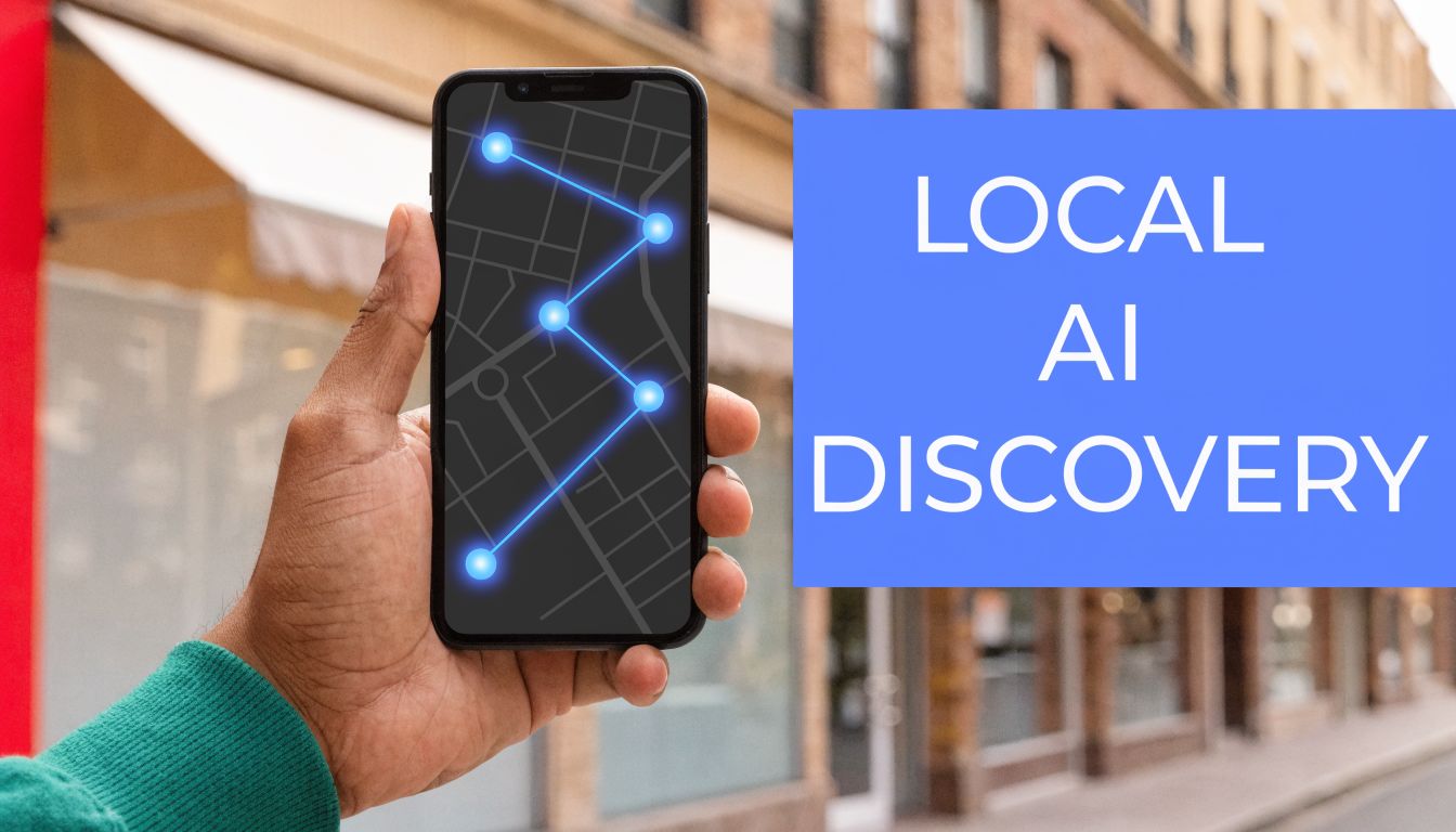 A hand holding a smartphone showing a map interface with glowing blue connection points and lines.