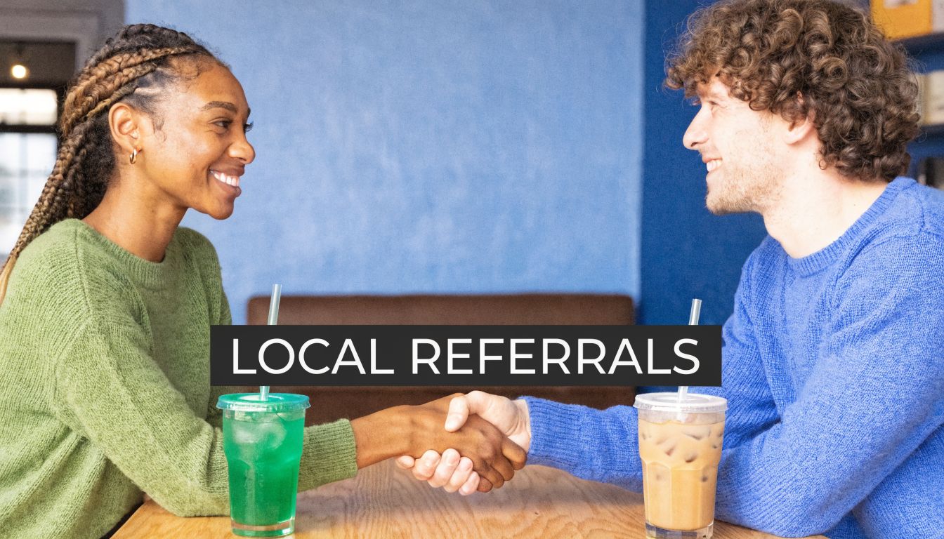 A woman and a man shaking hands while sitting at a table with iced drinks