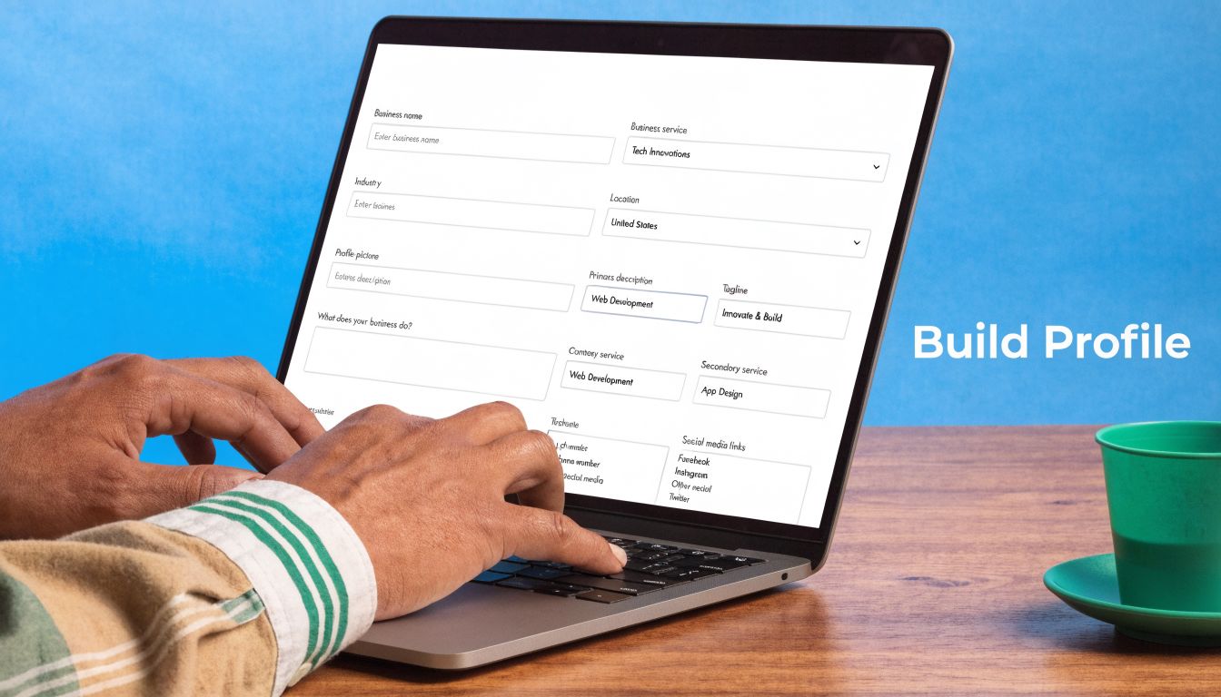 Person typing on a laptop screen showing a business profile setup form on a wooden desk.
