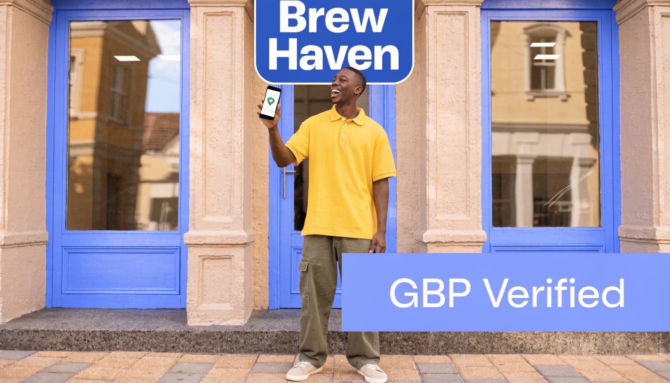 A happy man holding a phone in front of a coffee shop named Brew Haven.
