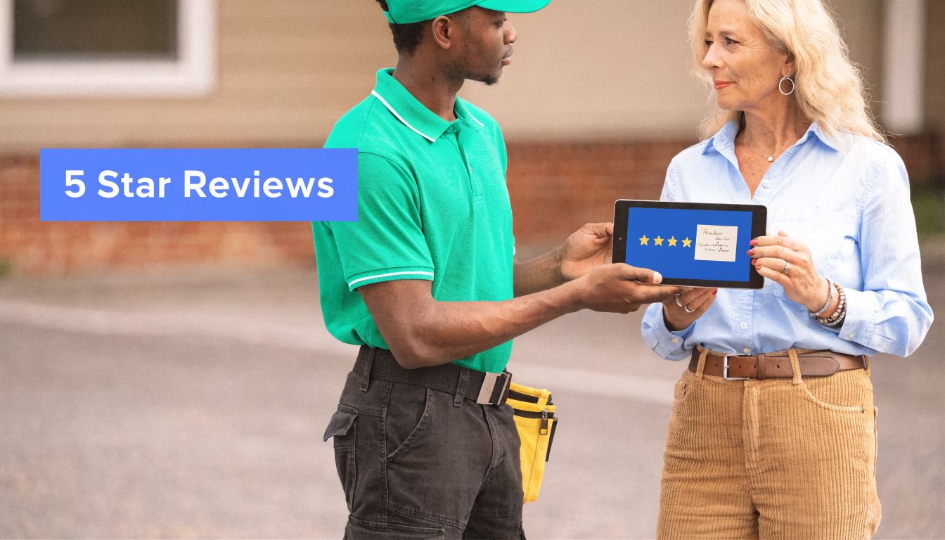 A delivery person shows a digital tablet with five-star reviews to an older woman outdoors.