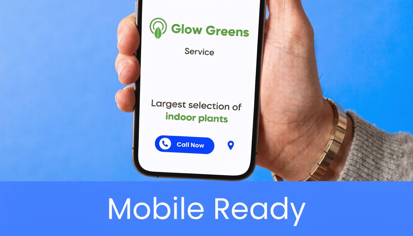 A hand holding a mobile phone displaying a website for Glow Greens, featuring indoor plant services.