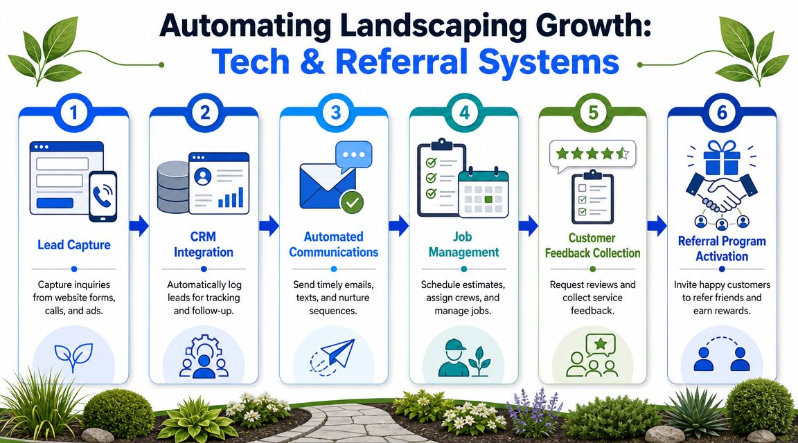 A six-step infographic detailing automated technology and referral systems for growing a professional landscaping business.