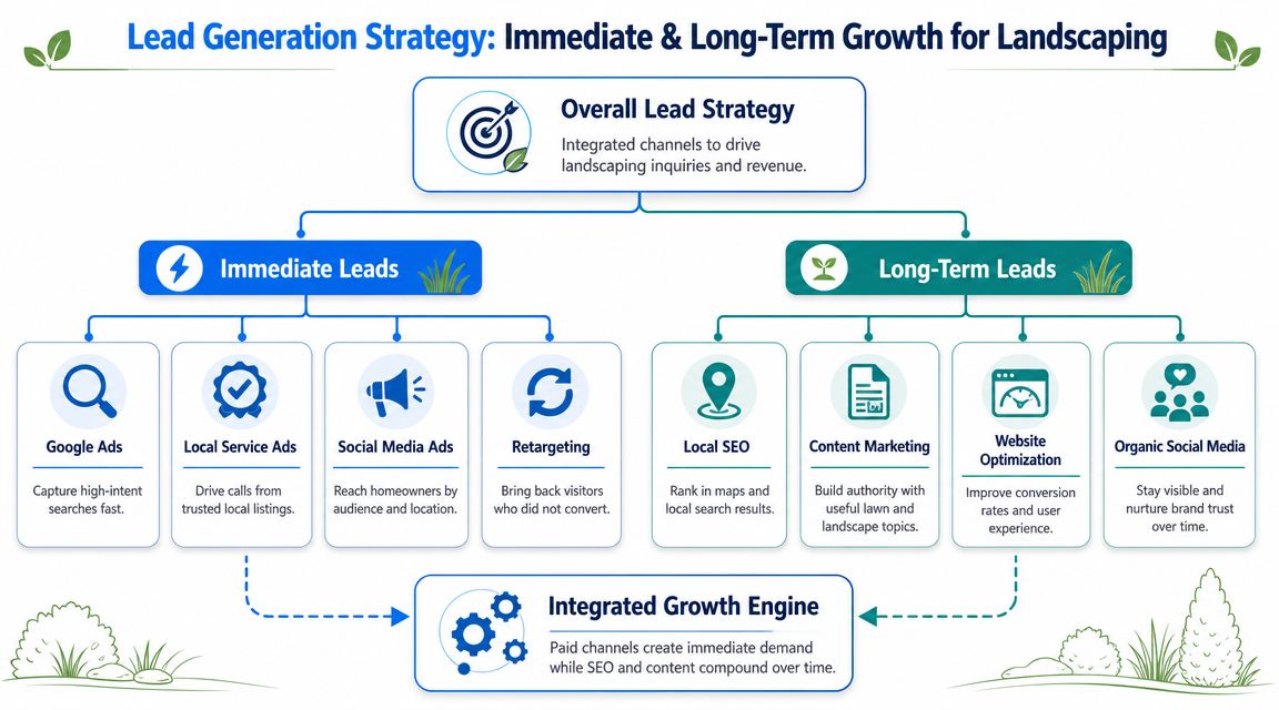 A flow chart illustrating lead generation strategies for landscaping companies, categorizing immediate and long-term marketing tactics.
