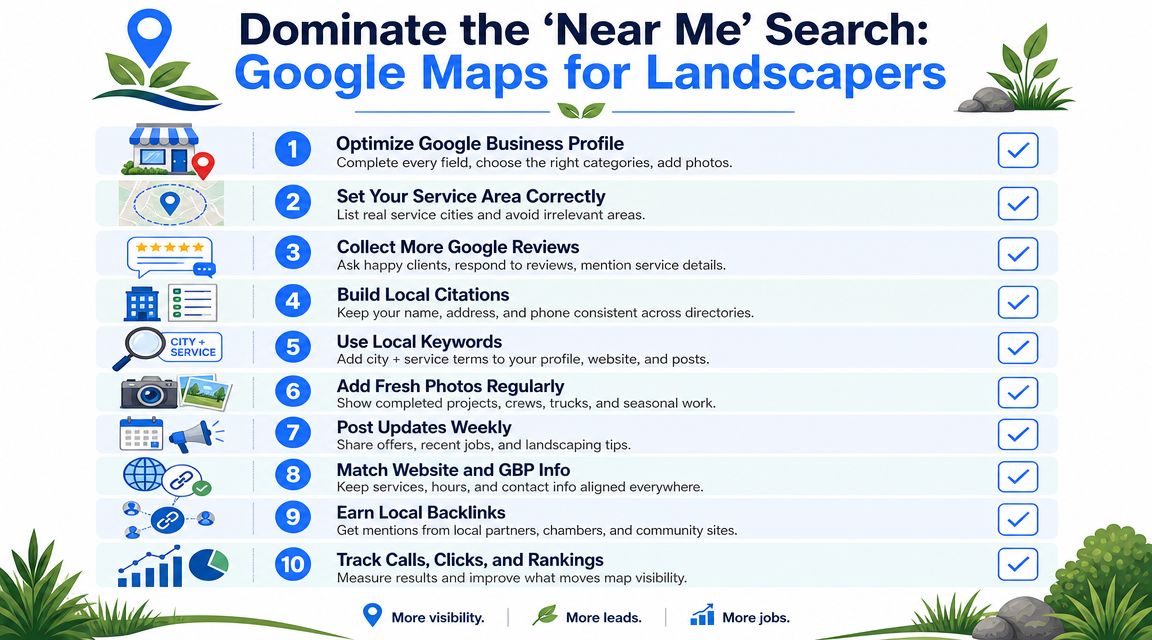 An infographic titled Dominate the Near Me Search showing ten steps for landscapers to improve Google Maps visibility.