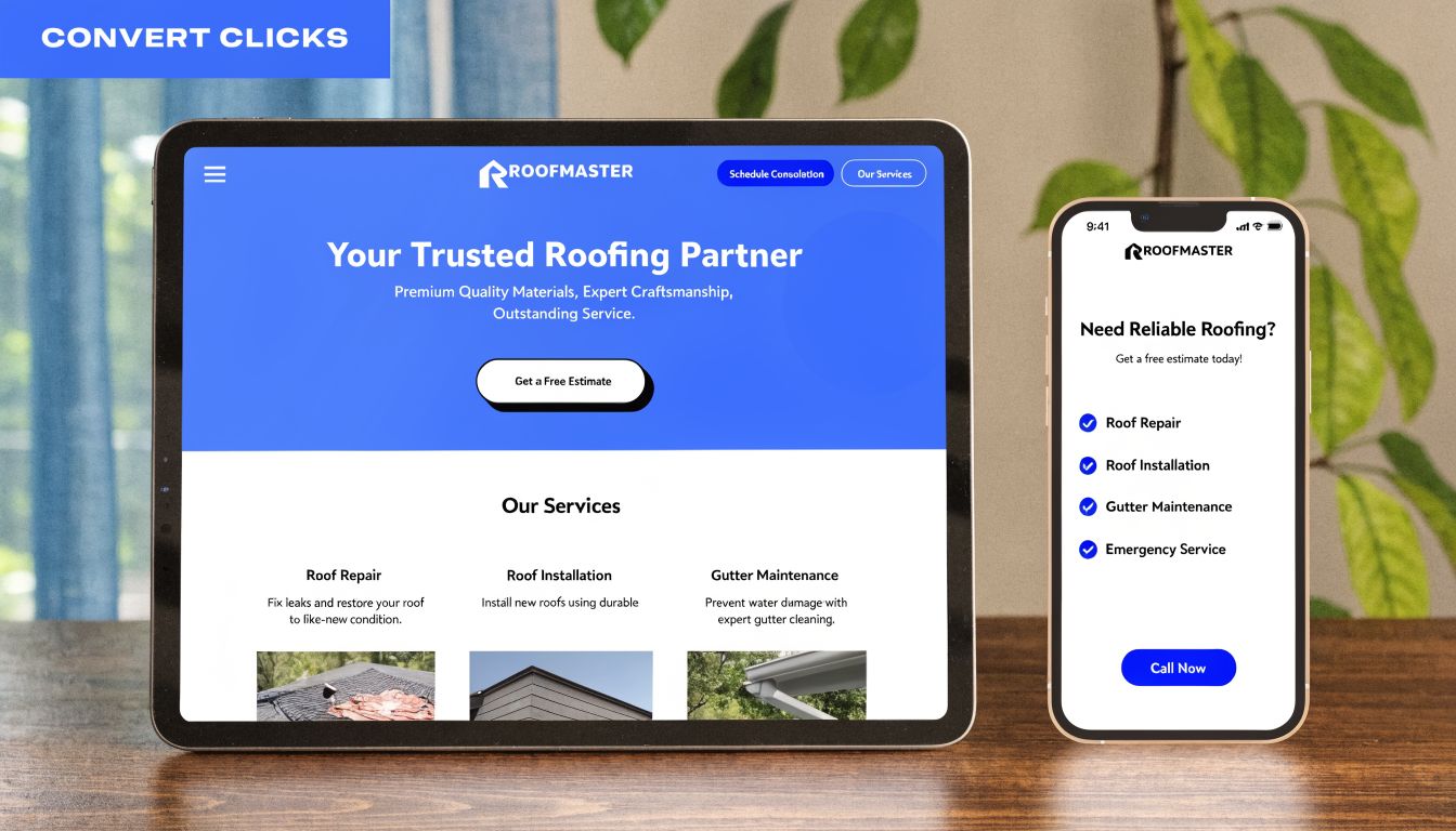 A digital tablet and smartphone displaying a professional roofing company website for lead generation marketing services.