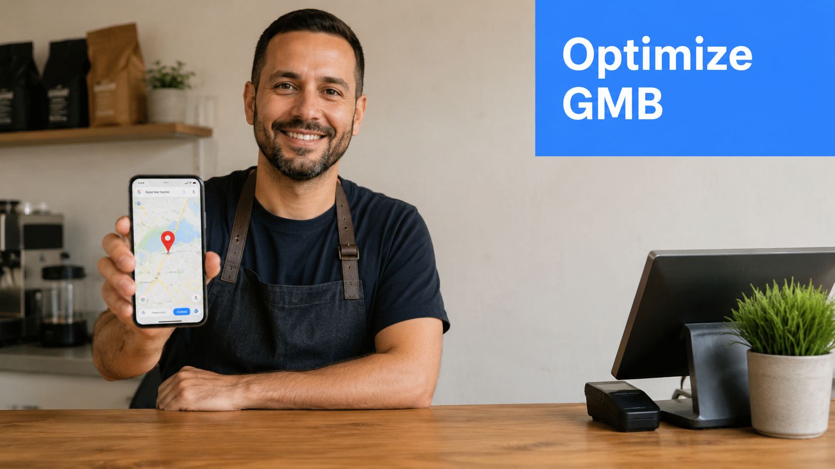 A smiling barista holding a smartphone showing a Google Maps location pin inside a cafe setting.