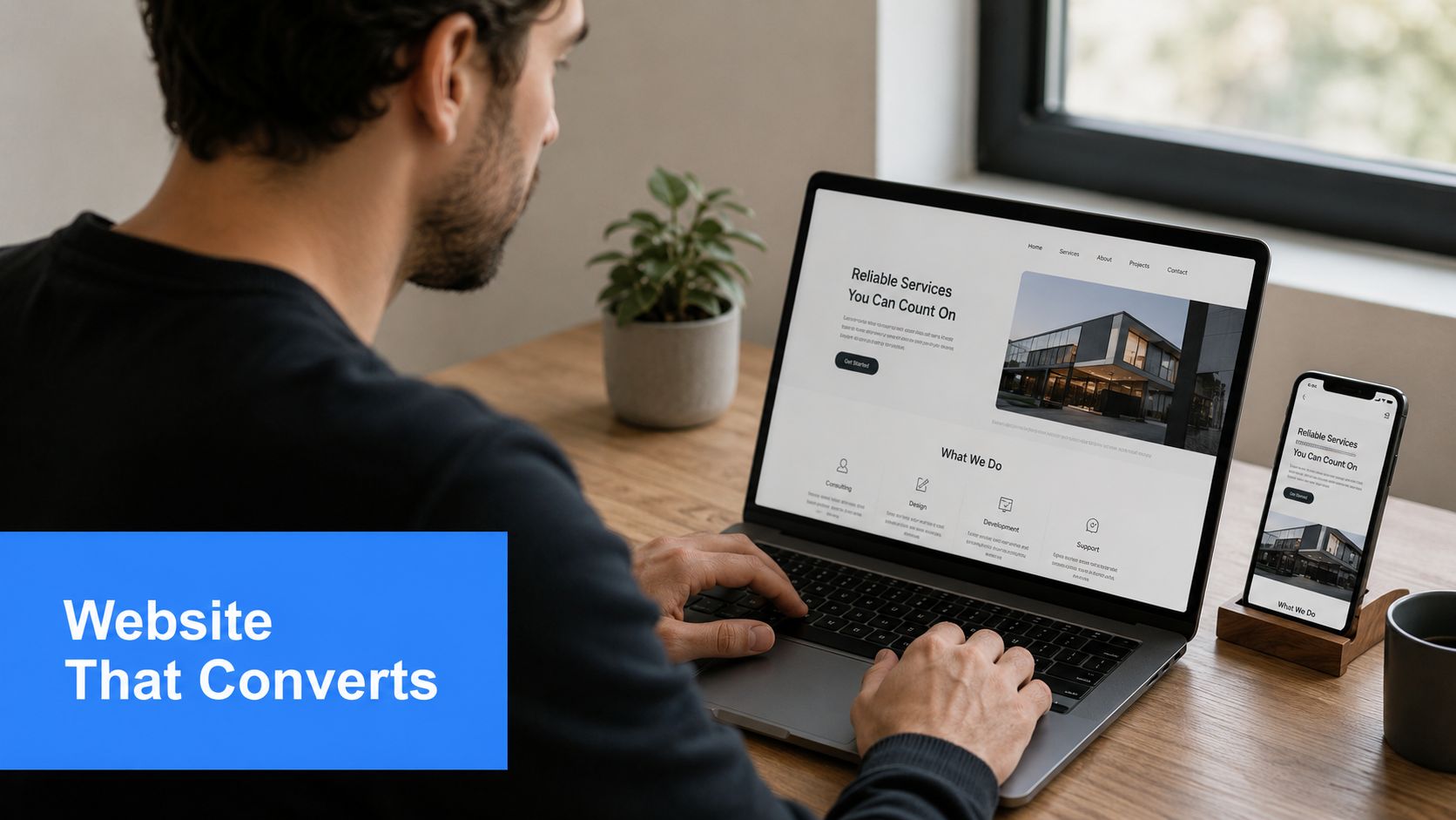 A professional working on a laptop showcasing a modern website design to help build business credibility.