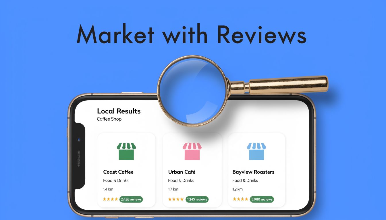 A smartphone screen displaying local coffee shop listings with distance, category, and review count data.