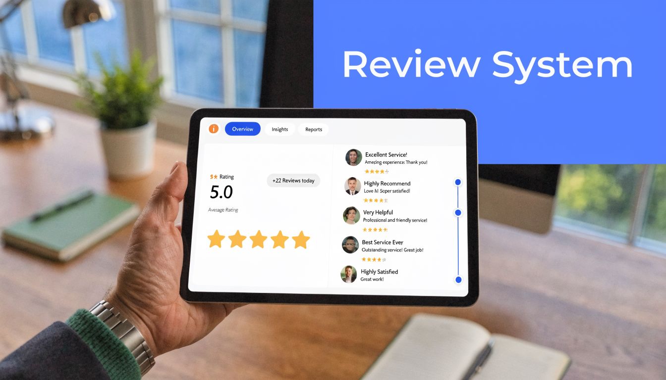 A hand holds a tablet displaying a professional review system dashboard with five-star customer feedback ratings.