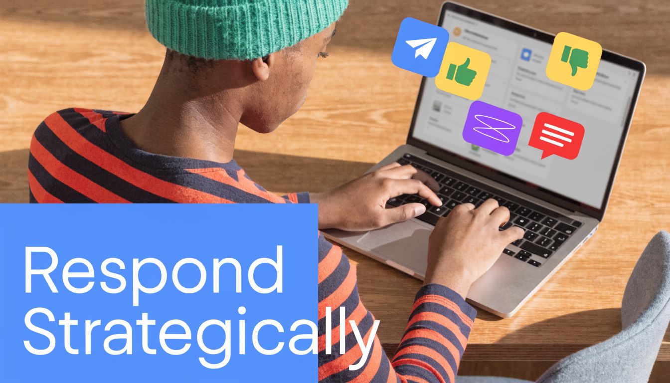 A person using a laptop to respond to various social media business reviews and customer feedback.