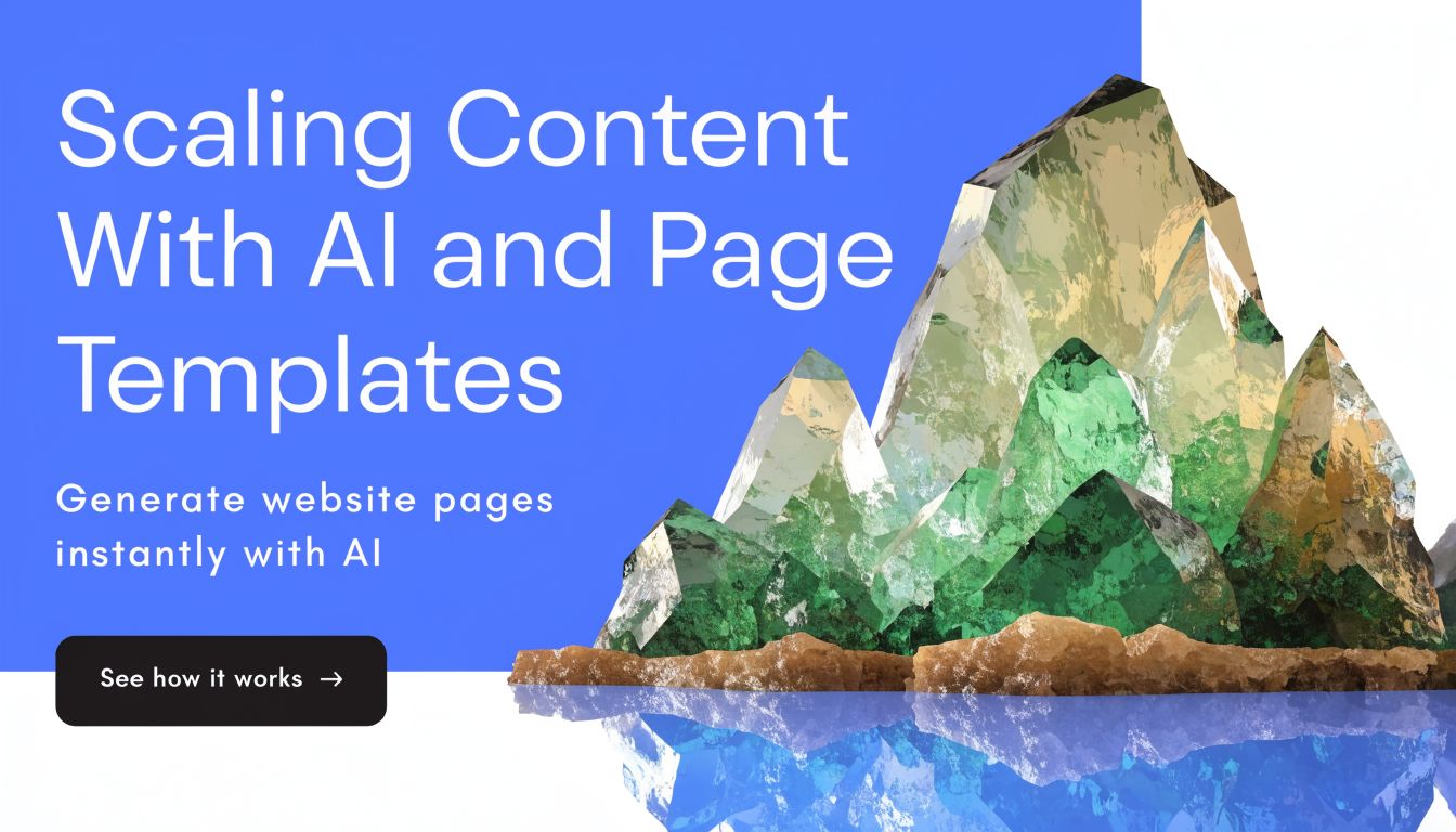 A digital graphic featuring text about scaling website content with AI alongside a mountain crystal illustration.