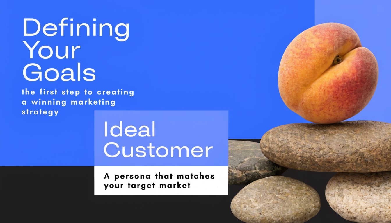 A marketing concept slide showing a peach balanced on stacked rocks with text about goals and customers.