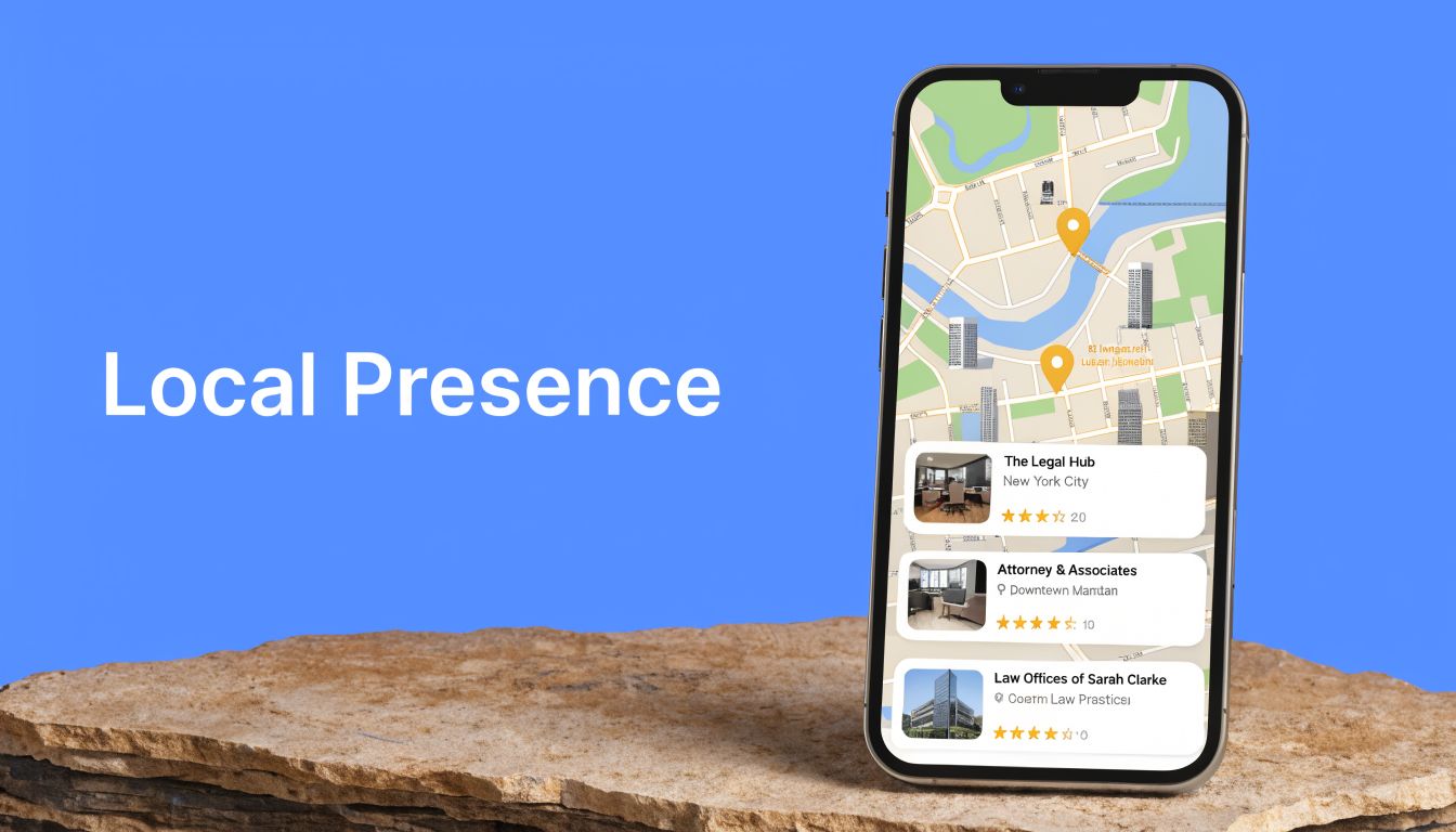 A smartphone screen displaying a local map search app for various legal offices and law firms.