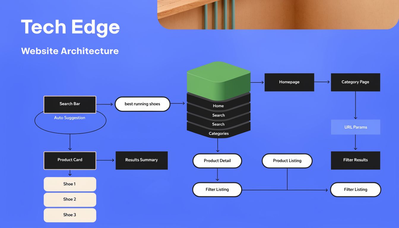 A diagram illustrating the Tech Edge website architecture, showing navigation flow from search and categories to products.
