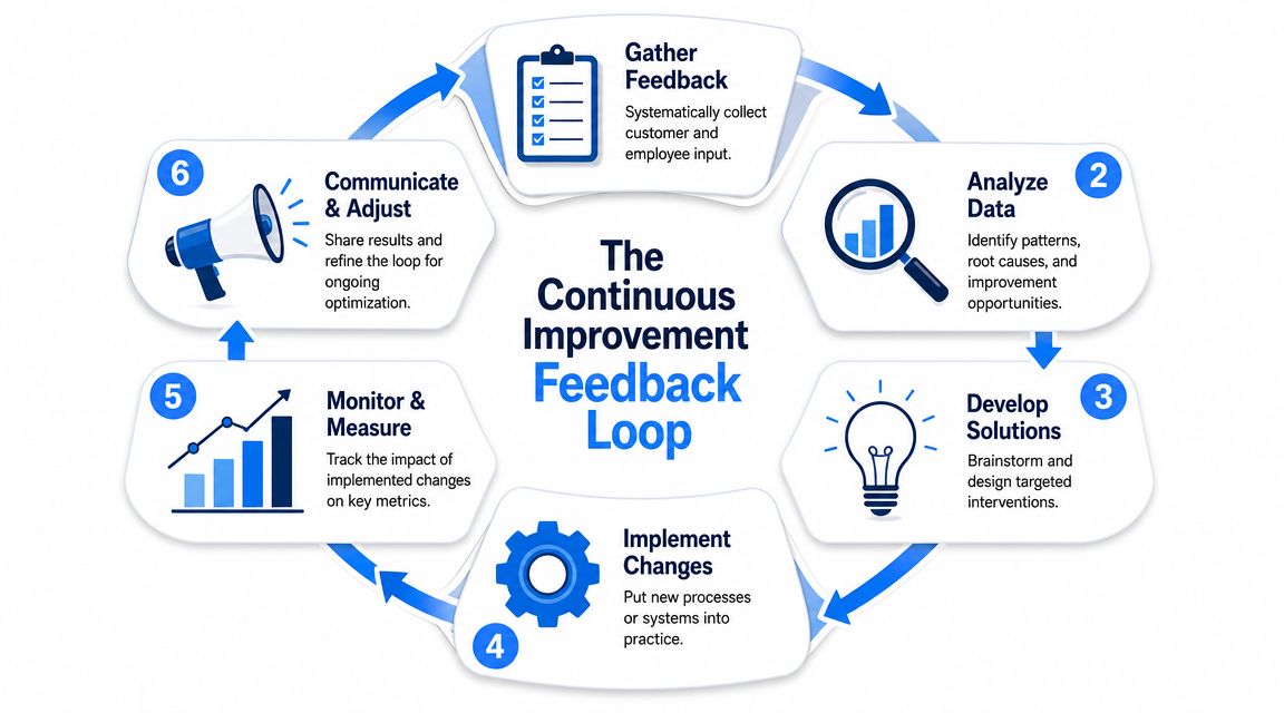 A circular diagram illustrating the six steps of the continuous improvement feedback loop for business processes.