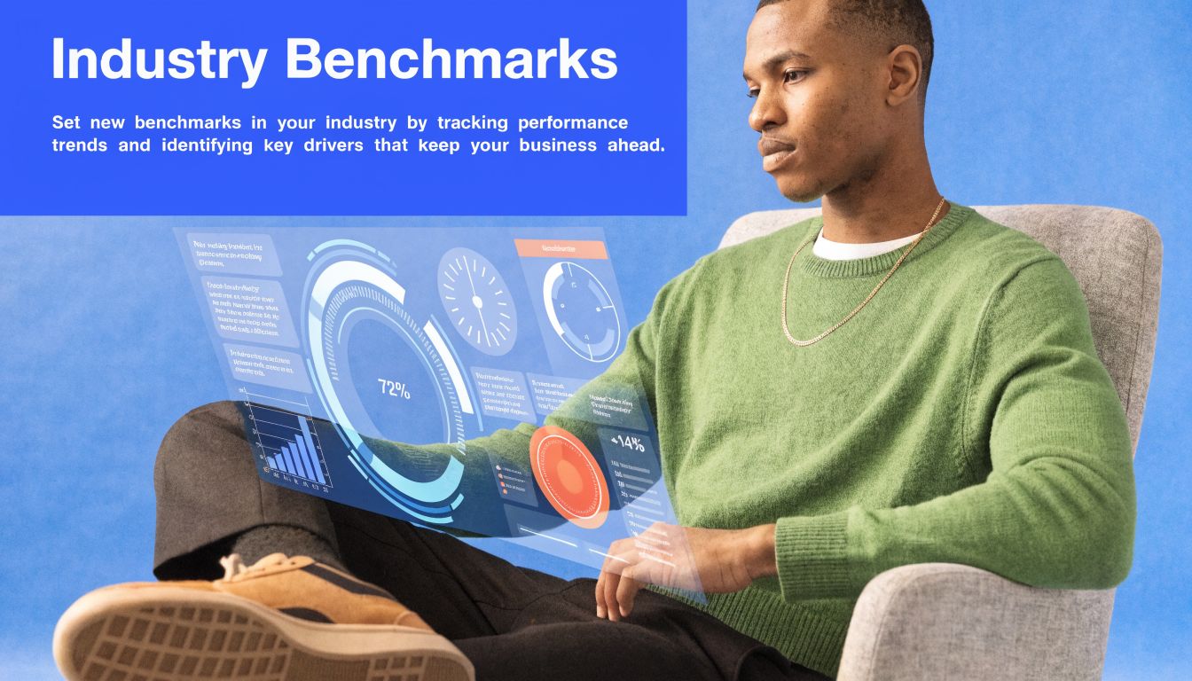 A young man sitting in an armchair examining a holographic digital dashboard displaying business performance analytics.