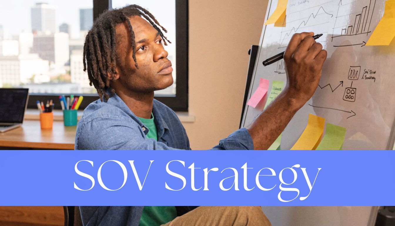 A young professional with dreadlocks writing on a whiteboard to develop a share of voice strategy.