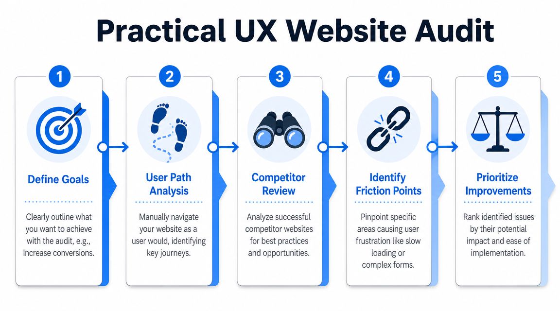 A five-step infographic showing a practical process for conducting a website user experience audit.
