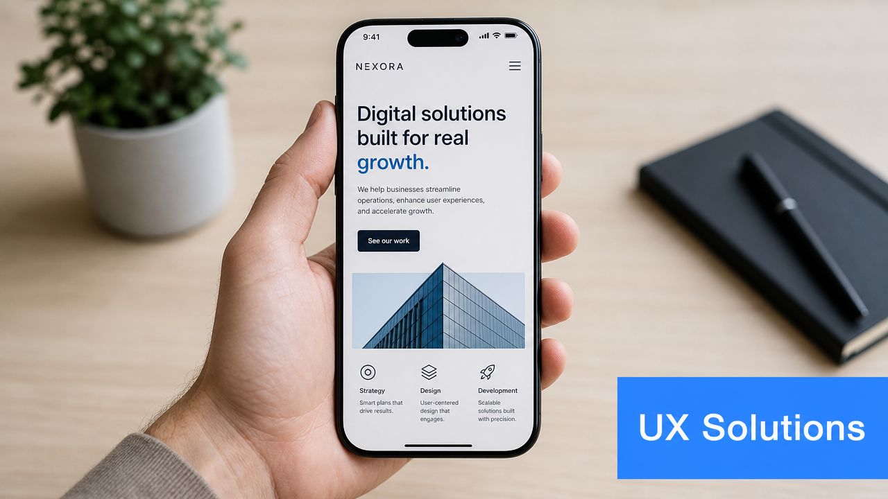 A hand holding a smartphone displaying a business website with UX design services information on the screen.