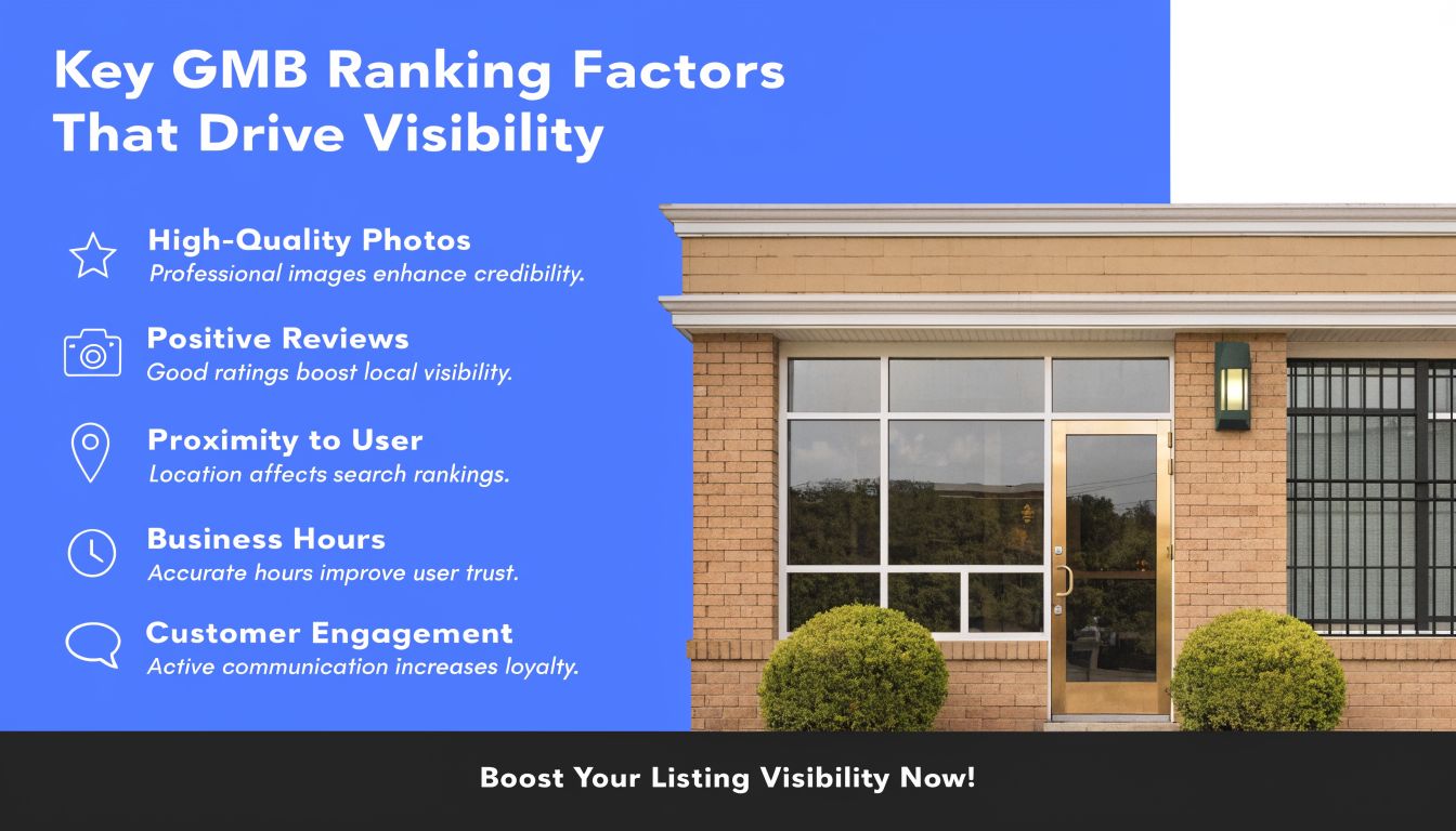 A graphic showing key factors that influence Google My Business search rankings for local business visibility.