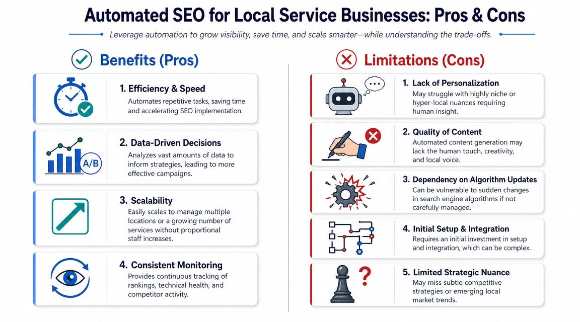 A comparative chart outlining the pros and cons of implementing automated SEO for local service businesses.