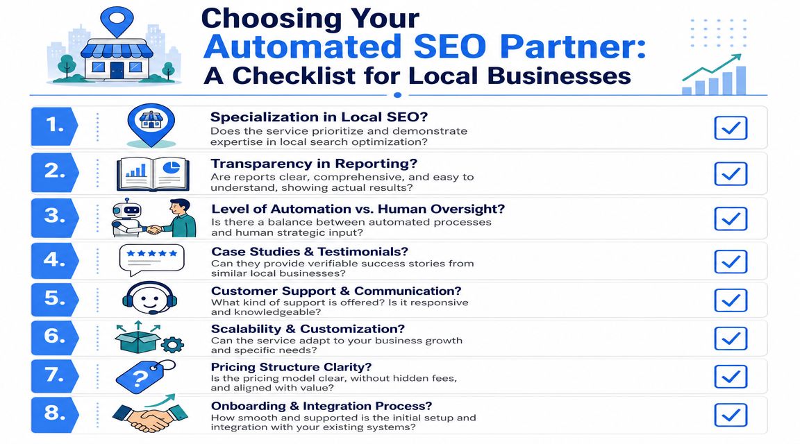 A checklist infographic titled Choosing Your Automated SEO Partner with eight points for local businesses.