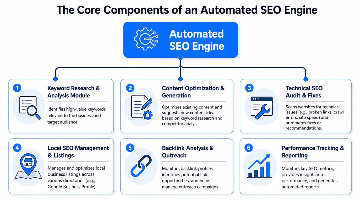 A diagram illustrating the six core components that make up an effective automated SEO engine system.