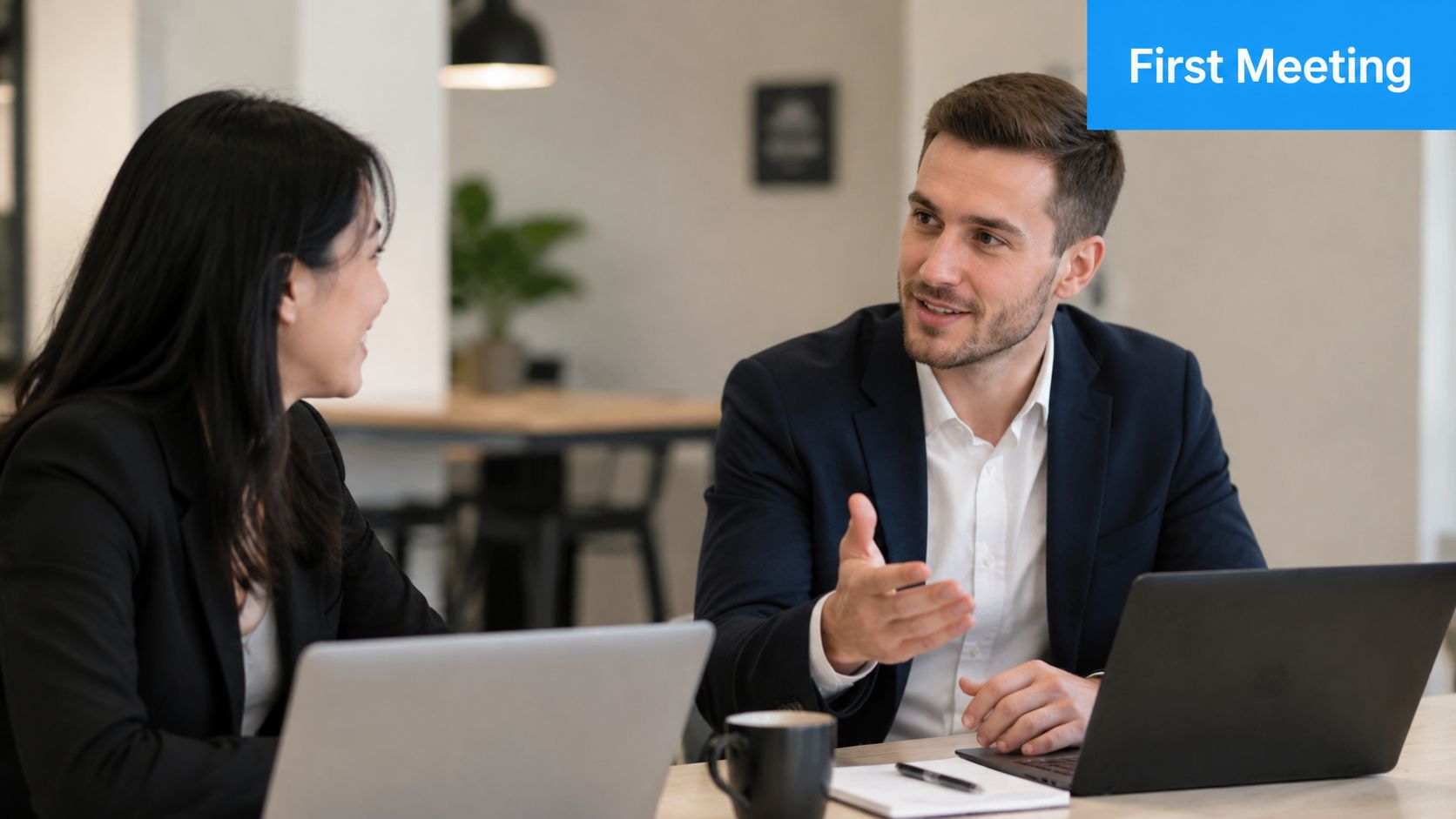 A professional man and woman in business attire having a first meeting discussion with laptops at a desk.