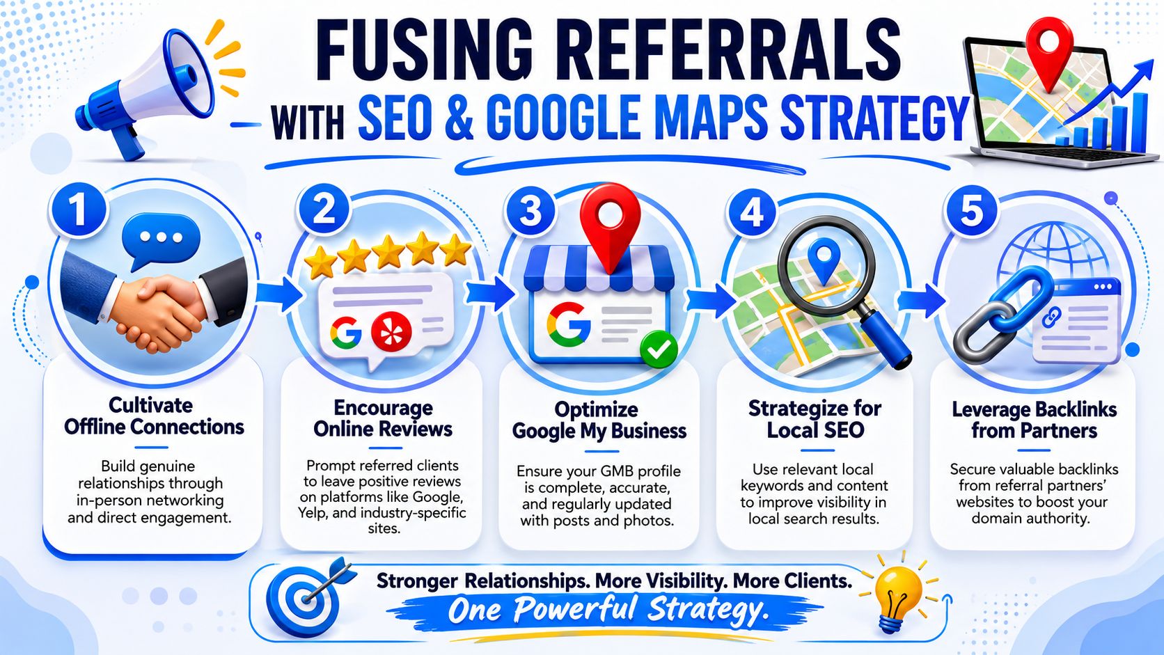An infographic showing a five-step strategy for integrating business referrals with SEO and Google Maps optimization.