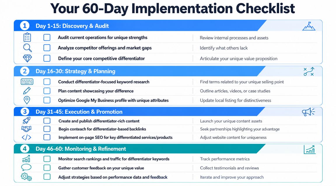 A 60-day business implementation checklist outlining strategic steps for discovery, planning, execution, and monitoring for competitive success.