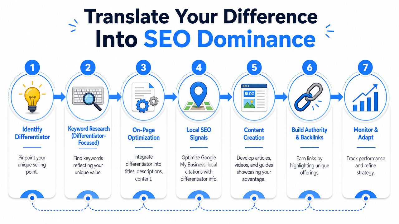 A seven-step infographic illustrating how to leverage unique business differentiators to achieve SEO dominance through strategic digital marketing.