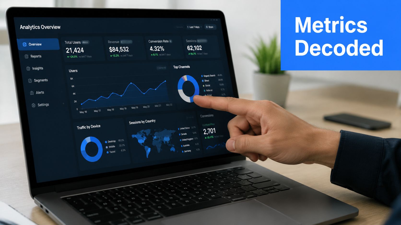 A person pointing at a laptop screen displaying a digital analytics dashboard with various business performance metrics.