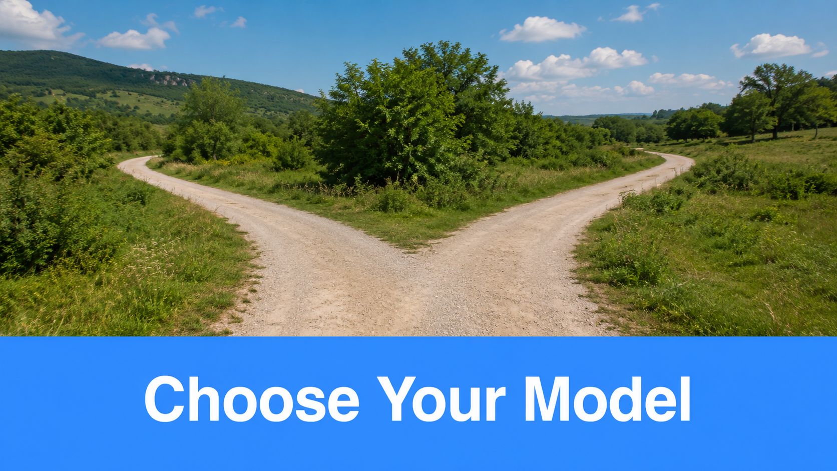 A scenic dirt path branching into two separate roads through a lush green landscape under blue skies.