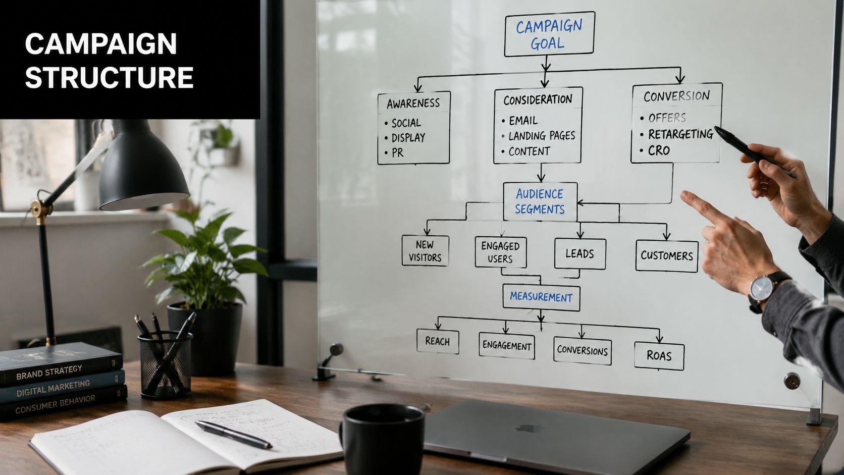 A professional explaining a marketing campaign structure diagram on a glass whiteboard in an office setting.