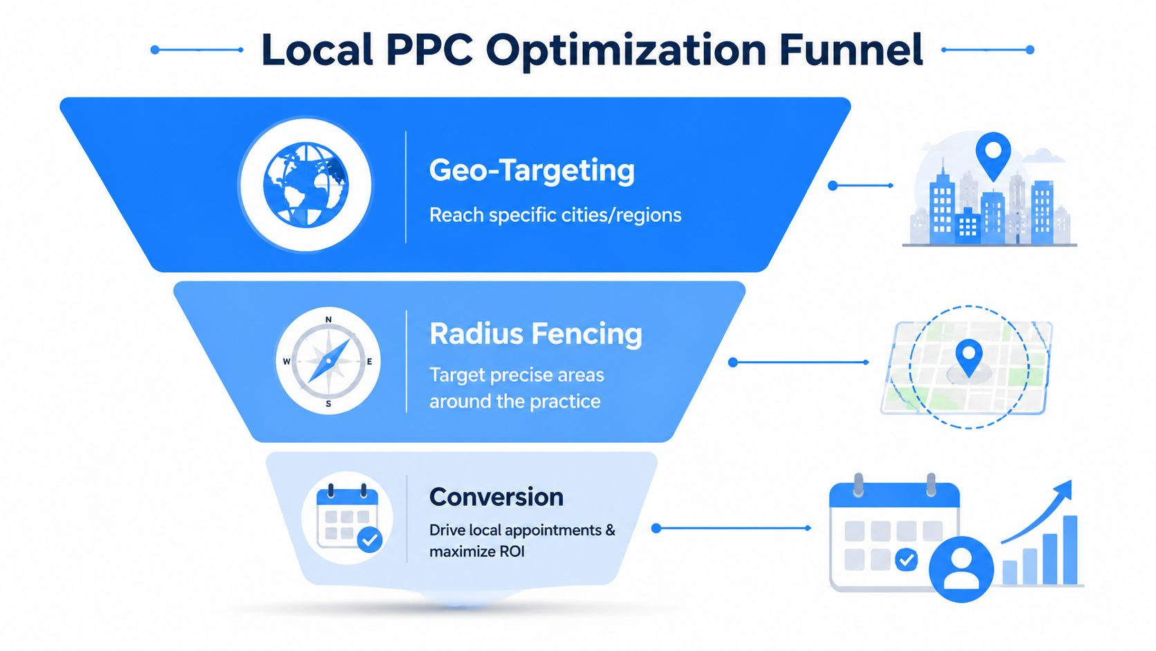 A funnel diagram explaining the local PPC optimization process including geo-targeting, radius fencing, and appointment conversion strategies.