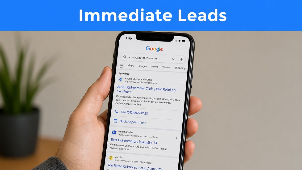 A person holding a smartphone displaying a Google search result for a chiropractor in Austin, Texas.
