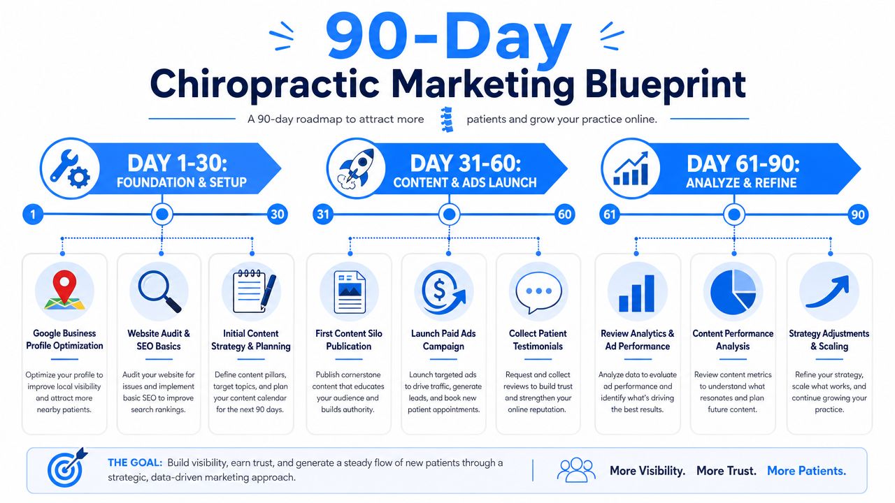 A 90-day chiropractic marketing blueprint infographic outlining a strategic roadmap to increase patient growth and practice visibility.