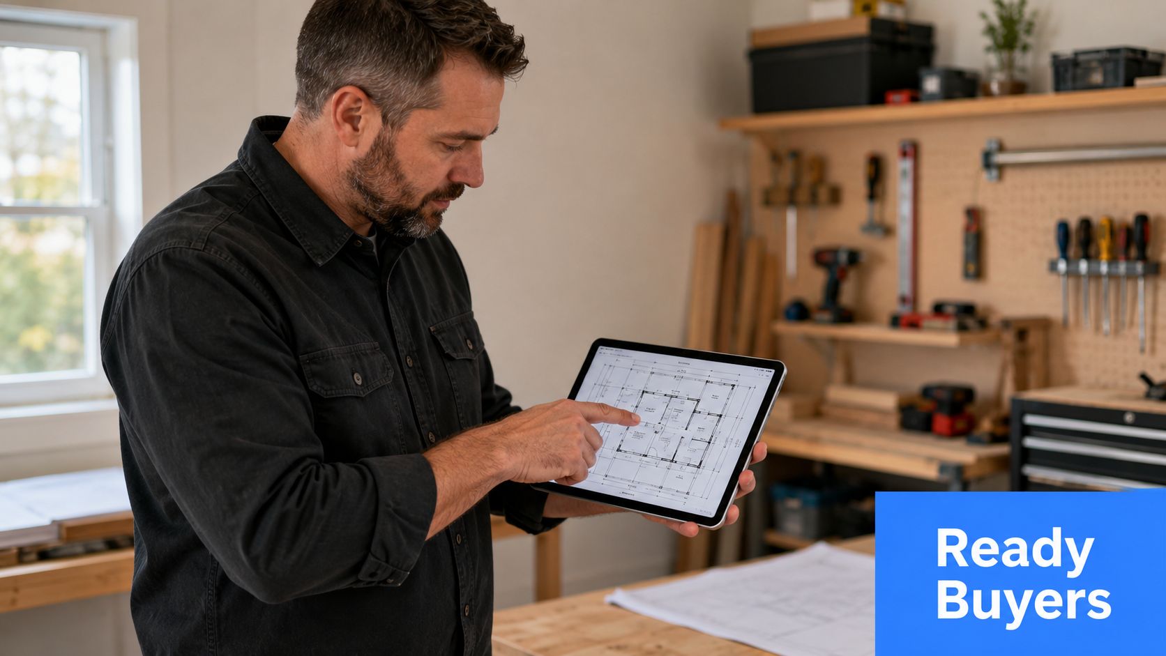 A professional contractor reviewing blueprints on a digital tablet in his workshop for construction projects.