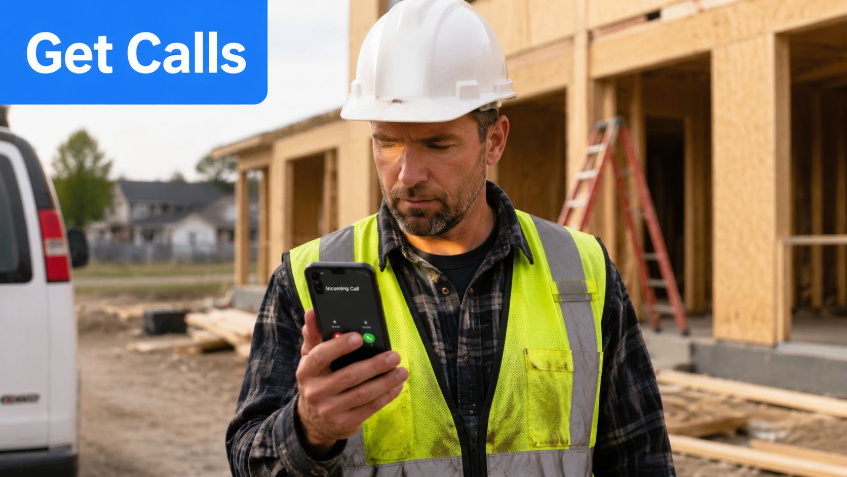 A construction worker in a hard hat and safety vest receiving a phone call on site.
