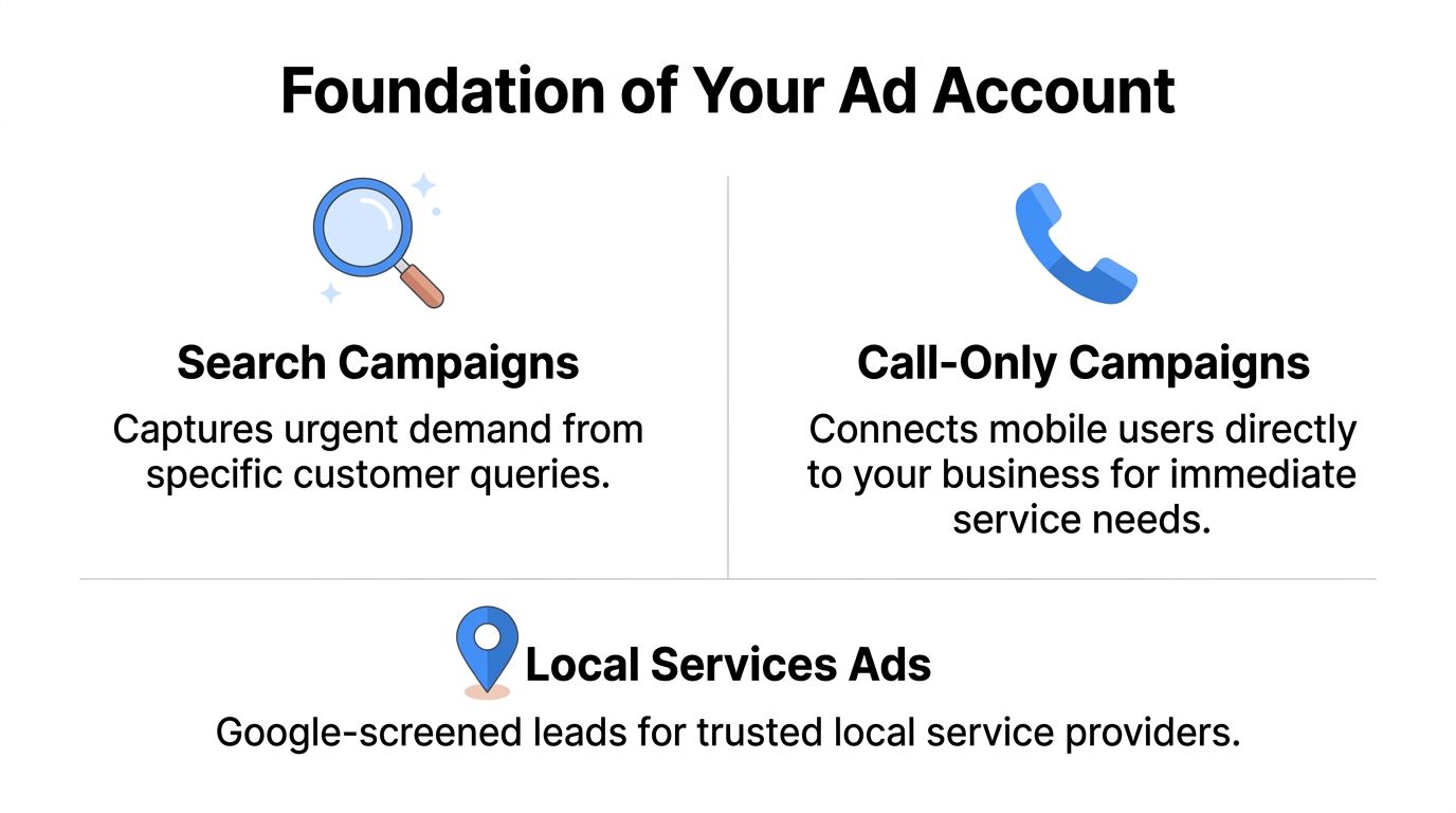 An infographic showing the foundations of a Google Ads account including search, call-only, and local services campaigns.